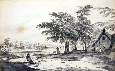 Veduta di un Villaggio Indiano con un Uomo Seduto in Primo Piano, c.1781-83 da William Hodges